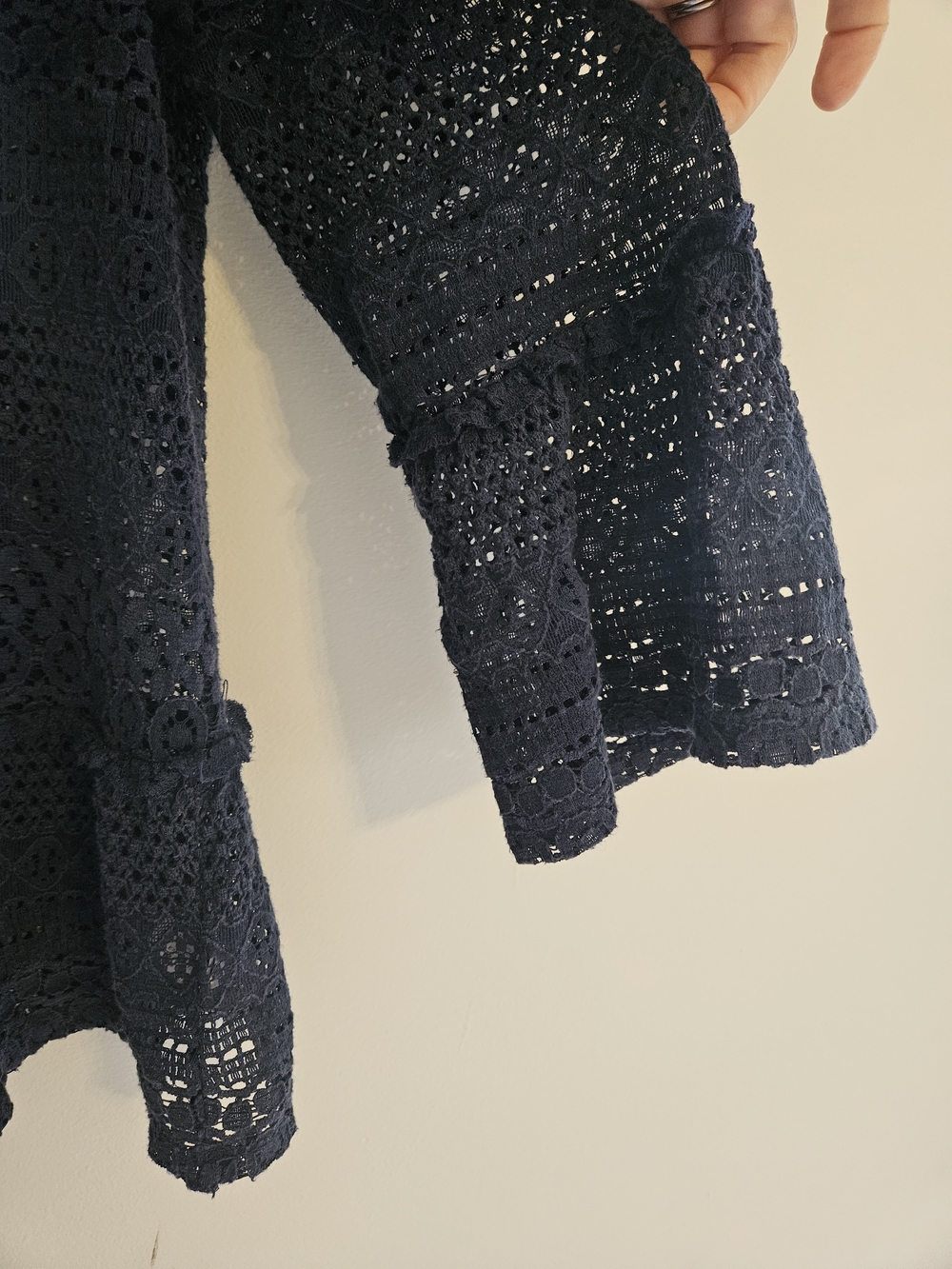 Fever Navy Blue Crochet Peplum Top with Lace-Up Neck - Picture 3 of 4
